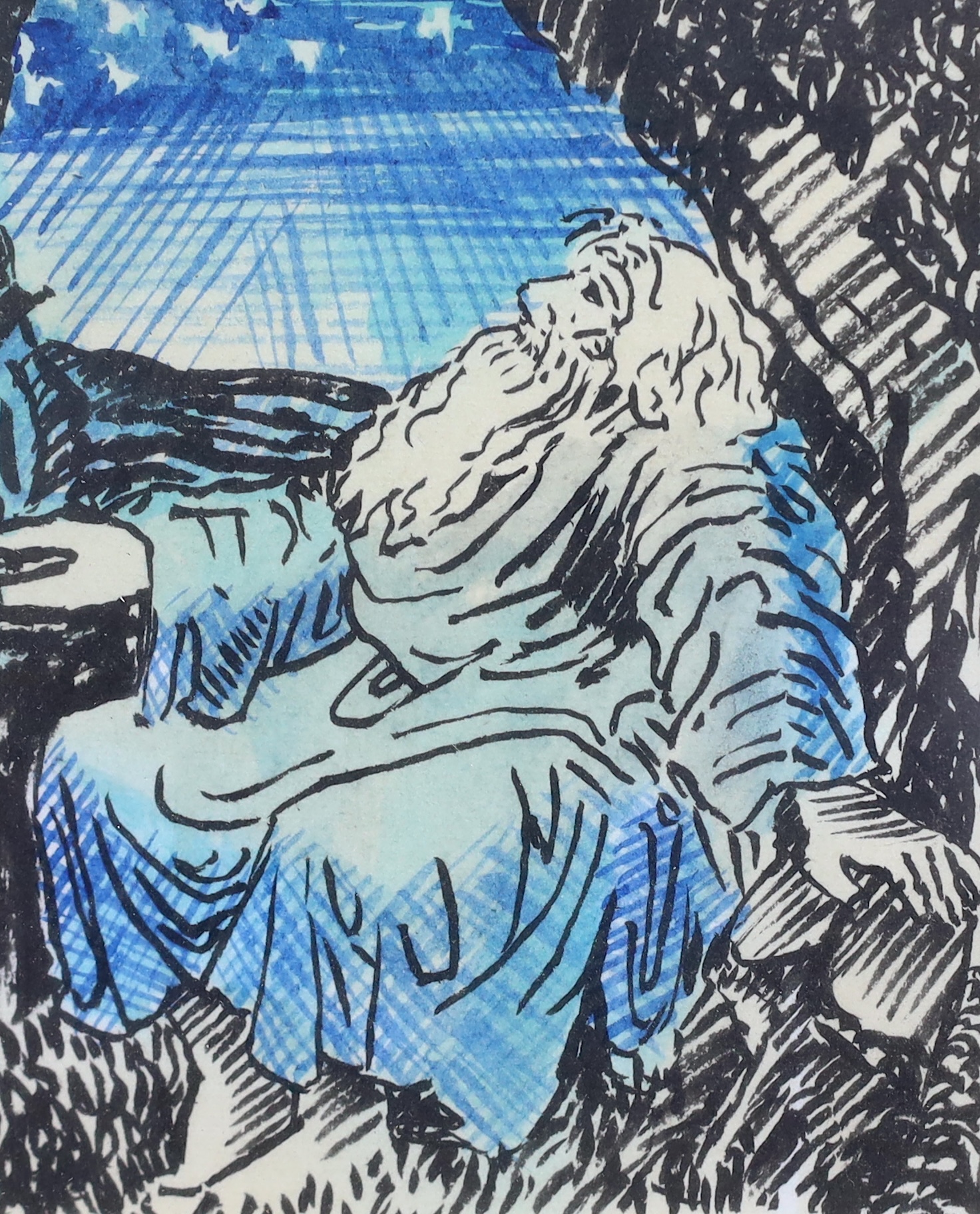 Bernard Meninsky (British, 1891-1950), Figure beneath stars, illustration for a work by Milton, ink, conté crayon and watercolour, 11 x 9cm, letter of authenticity verso